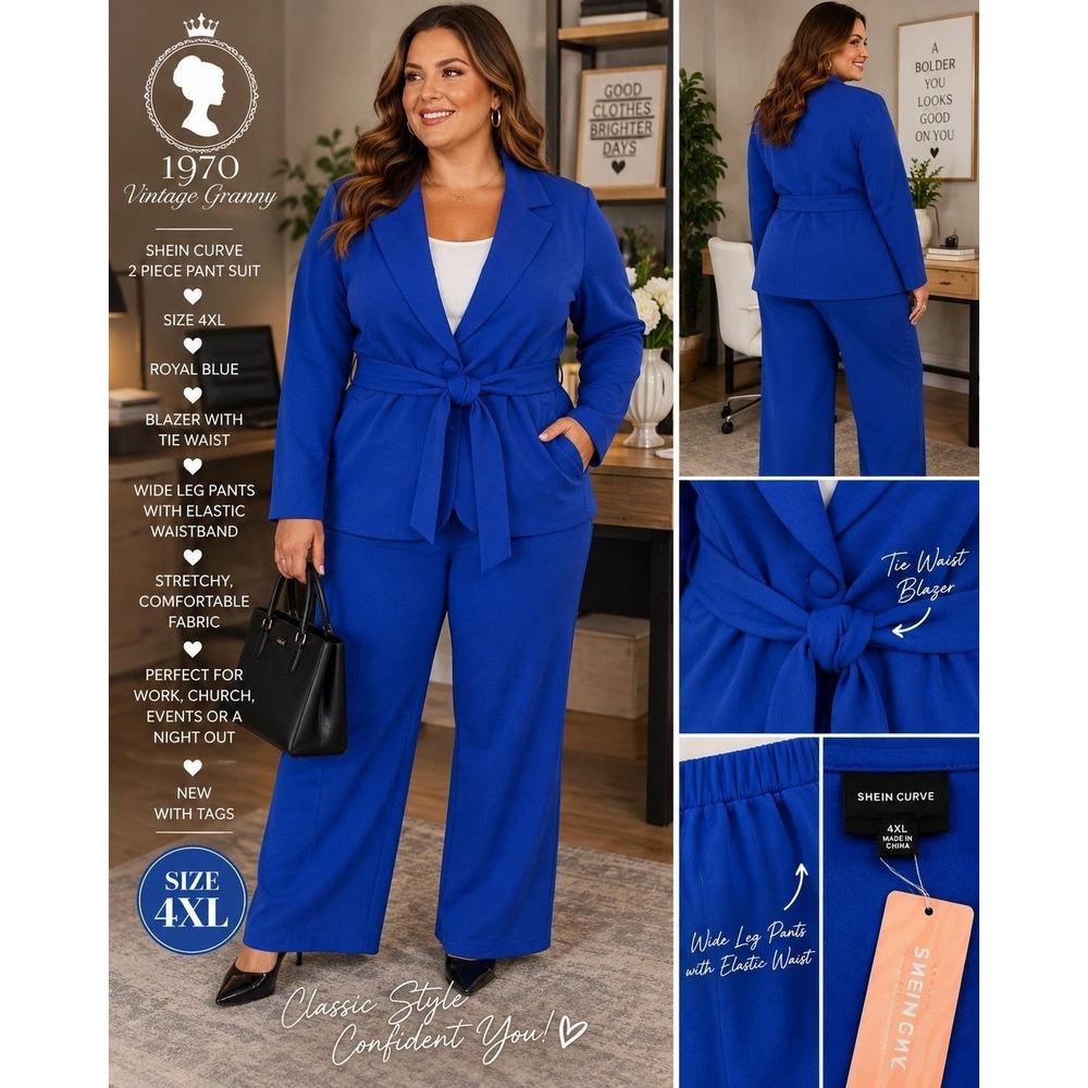 Shein Curve 2 Piece Suit Royal Blue Blazer Wide Leg Pants Set 4XL NWT